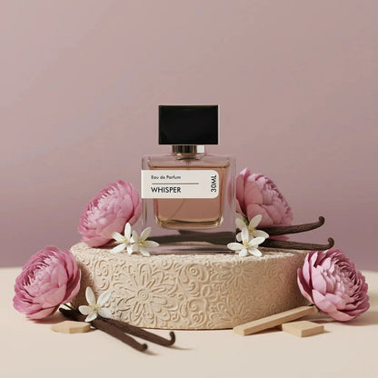 Stuga Whisper Eau de Parfum bottle, 30ml, with pink flowers and vanilla pods on an ornate beige pedestal.