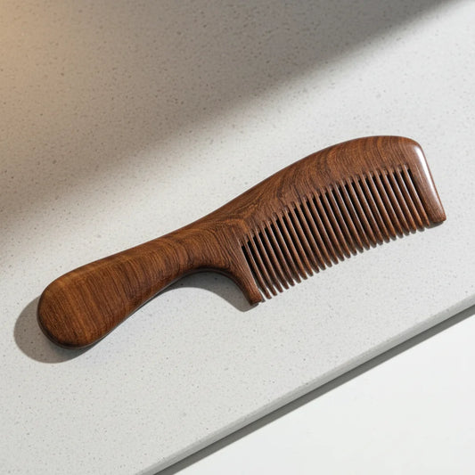 Wooden hair comb with handle in natural hardwood on light stone surface